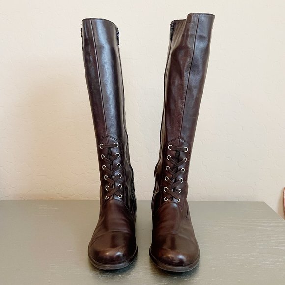 Stuart Weitzman Tall Boots 6 Brown Leather Lace Up Strap Buckle Side Zipper Knee - Picture 2 of 9